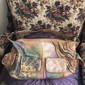 Anuschka signed hand painted leather shoulder bag /animal print